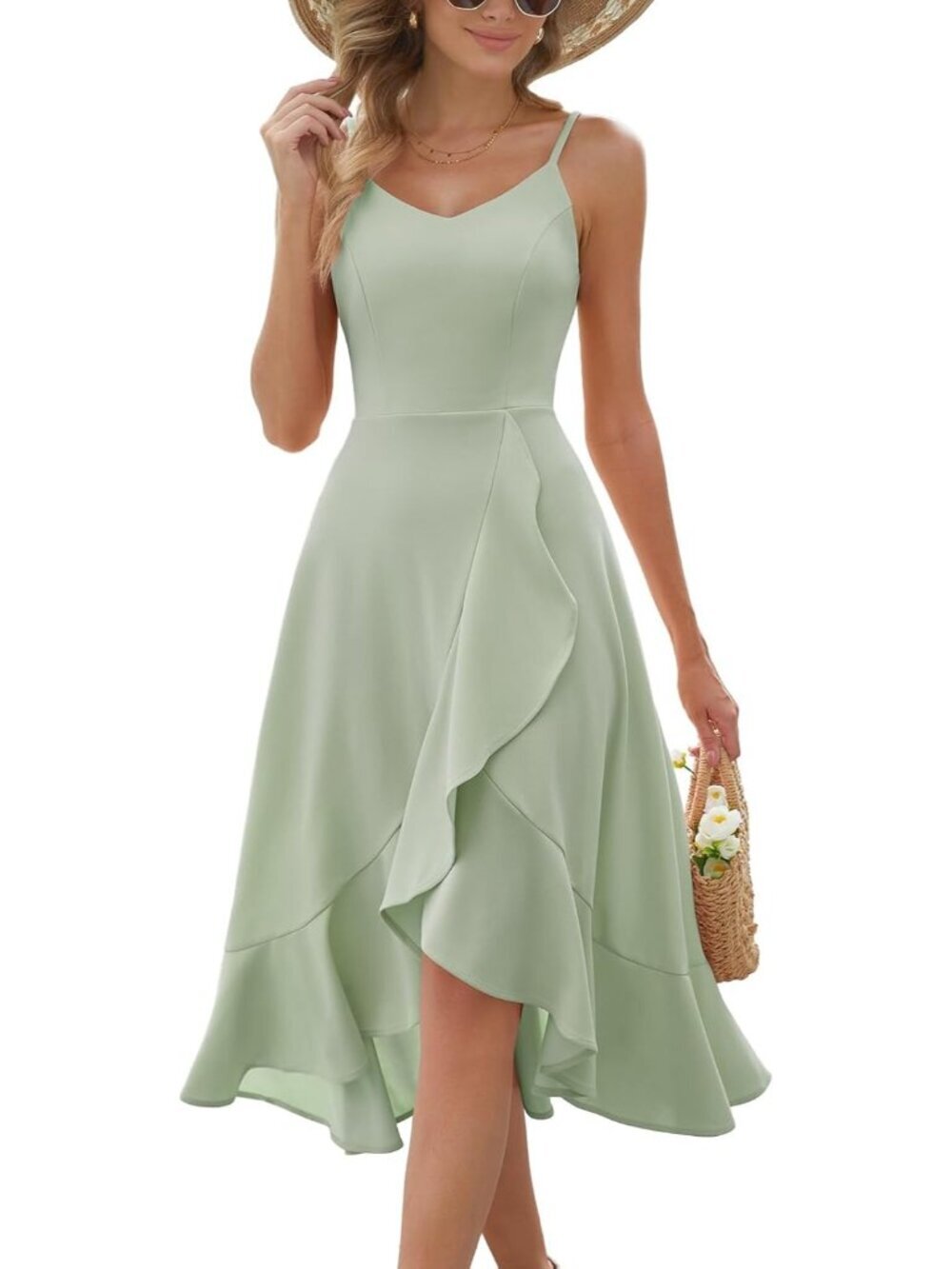 Women's Sleeveless Cocktail Light Green Formal Church High Low Ruffle Dress